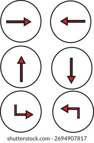 Un conjunto de seis iconos de flecha direccional en un estilo de diseño simple y plano. Los iconos presentan flechas rojas y negras gruesas, apuntando a la izquierda, derecha, arriba, abajo y dos flechas de giro en forma de L diferentes, contenidas dentro