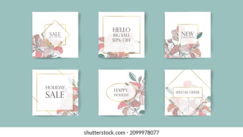 Set of six discount card templates using floral background. The flowers used in the design are tropical gumamela and hibiscus. Each square template has its own unique gold-colored border.