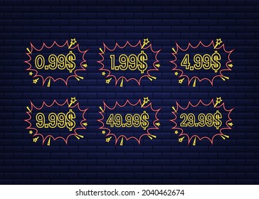 Set of six discount labels. Pop art, comic books style. Neon icon. Vector illustration.