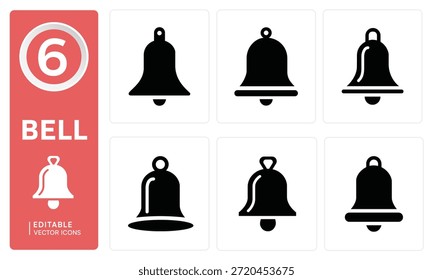Un conjunto de seis iconos de campana distintos en negro, mostrando varios estilos y diseños para fines de notificación y alerta.