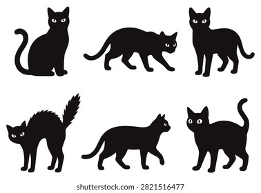 A set of six distinct black cat silhouettes showcasing different poses including sitting, walking, and arching. These playful and elegant figures are ideal for various design projects.