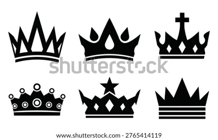A set of six distinct black crown silhouettes, showcasing varied designs representing power, authority, and regal status.