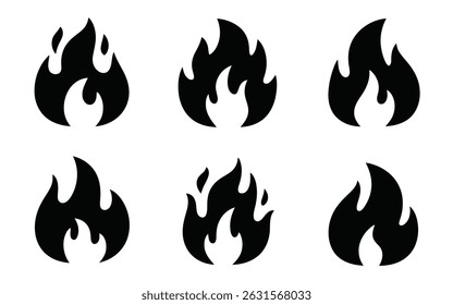 Set of six distinct black flame icons, perfect for branding, design, or app interfaces. Simple, bold, and versatile.