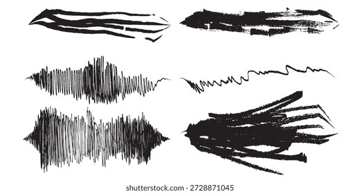 Un conjunto de seis Elementos abstractos de tinta negra, incluyendo pinceladas y líneas garabateadas, sobre un fondo blanco.