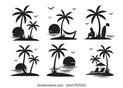 Un conjunto de seis siluetas negras distintas que representan escenas de playa tropical al atardecer con palmeras y el océano.