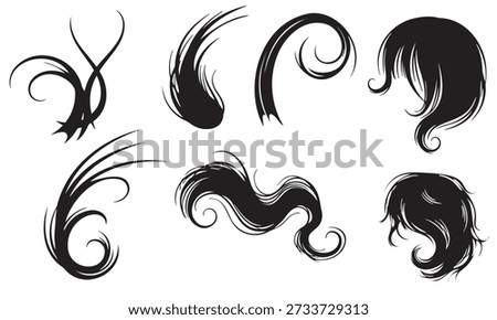 A set of six distinct black swirling hair designs on a white background, showcasing various styles and textures