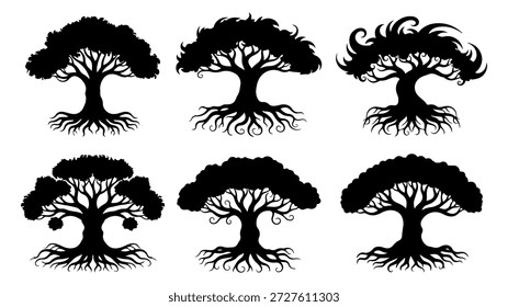 A set of six distinct black tree silhouettes showcasing varied crown shapes and detailed root systems, presented on a white background.