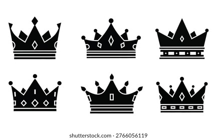 A set of six distinct black and white crown silhouettes, showcasing varied designs and regal symbolism.