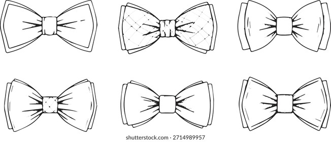 A set of six distinct bow tie designs, rendered in a simple black and white line art style, showcasing variations in shape and detail.