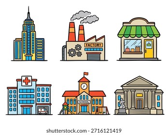 Eine Reihe von sechs verschiedenen Gebäudeillustrationen, darunter ein Wolkenkratzer, eine Fabrik, ein Geschäft, ein Krankenhaus, eine Schule und eine Bank.