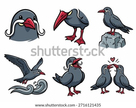 A set of six distinct cartoon drawings featuring various poses and expressions of a stylized bird, possibly a type of seabird with distinctive facial markings.
