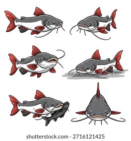 A set of six distinct cartoon illustrations of catfish, showcasing different angles and actions of the fish.