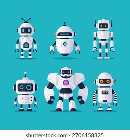 Un conjunto de seis robots de dibujos animados distintos, cada uno con Formas y características únicas, representados en un estilo limpio y moderno.