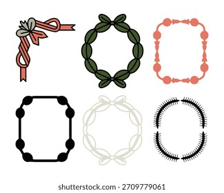 A set of six distinct decorative graphic elements featuring various frame styles like a ribbon corner, a laurel wreath, and several geometric and stylized borders for design use.