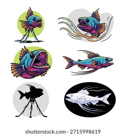 Un conjunto de seis gráficos de peces distintos, con colores vibrantes, dientes afilados y poses dinámicas, incluida una silueta y una representación esquelética.