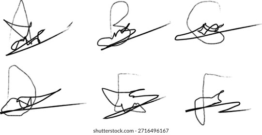 Un conjunto de seis distintivas firmas dibujadas a mano en tinta negra sobre un fondo blanco liso, mostrando diferentes estilos y técnicas