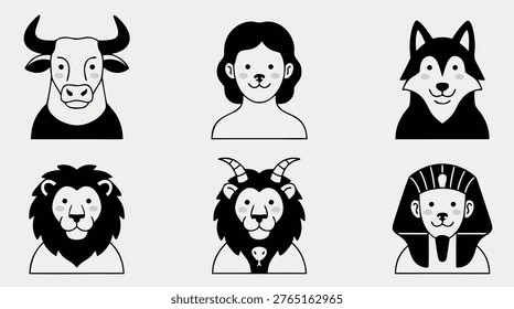 A set of six distinct icons featuring stylized heads of a bull, a human with cat features, a wolf, a lion, a mythical creature, and an Egyptian pharaoh.