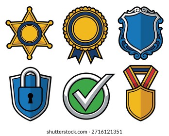 Um conjunto de seis ícones distintos que representam a segurança, a conquista e o reconhecimento, incluindo uma estrela xerife, uma roseta, um escudo, um cadeado, uma marca de verificação e uma medalha.