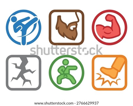 A set of six distinct icons representing martial arts, physical strength, and impact.