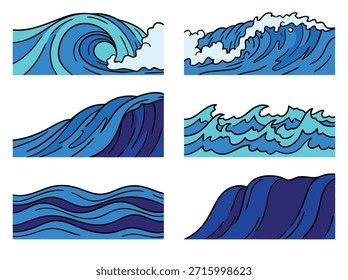 Um conjunto de seis ilustrações distintas retratando várias formas de ondas azuis oceânicas, apresentadas de forma gráfica e estilizada.
