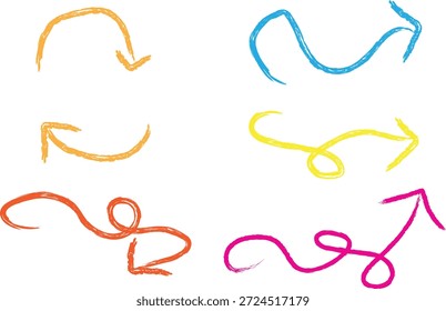Un conjunto de seis flechas diversas, dibujadas a mano en colores vibrantes (naranja, azul, amarillo, rojo, rosa) con una textura tiza o similar a un crayón.