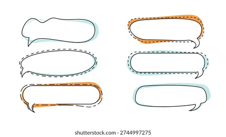 Set of six diverse hand-drawn speech bubbles with dashed outlines and soft color accents for comic and presentation design.