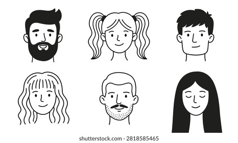 Set of six diverse human faces with varied hairstyles and facial features in a line art style