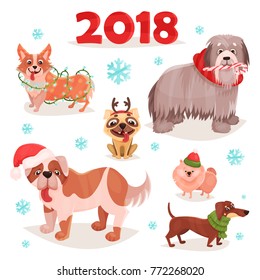 set of six dogs of different breeds, with new year's attributes, a symbol of the new year