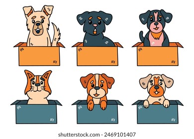A set of six dogs are sitting in boxes with a blank sign in the middle. The dogs are all different breeds and sizes, and they seem to be enjoying their time in the boxes
