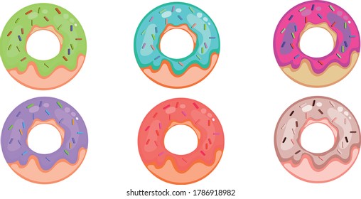 Conjunto de seis donuts con acristalamiento colorido y salpicaduras aisladas en un fondo blanco. Desayuno de pastelería de bollería de comida deliciosa de chocolate con azúcar. Ilustración del vector