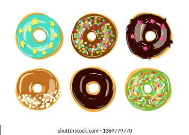 Set of six donuts isolated. Bakery Vector illustration. Top View doughnuts into glaze