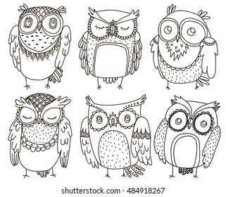 Set of six doodle cute owls. Hand drawn vector illustration with cute little birds.