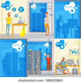 Set of six doodle style soft making posters with different employee characters silhouettes and company logotype vector illustration