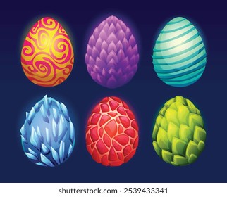 Set of six dragon eggs with unique colors and textures, glowing vibrantly. Vector cartoon illustration