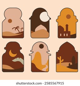 A set of six drawings of buildings and landscapes. The drawings are of different sizes and are all brown