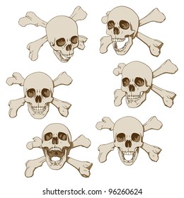 Set of Six Drawings of Human Skull with Crossbones. Vector Illustration