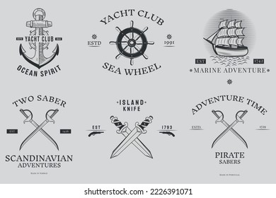 A set of six drawings. Pirate ships, anchors, rudder, knife and daggers. A collection of vintage logos, stickers and logo designs