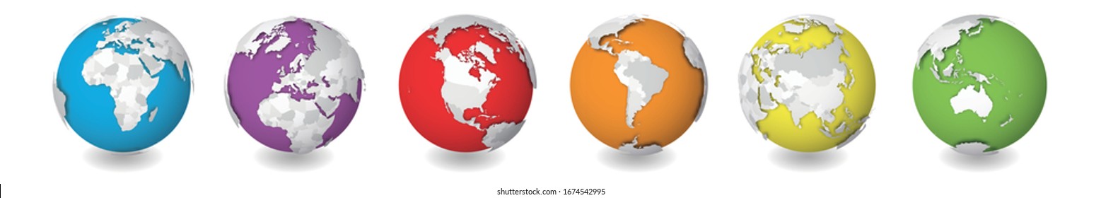 Conjunto de seis globos terrestres centrados en los continentes África, Europa, América del Norte, América del Sur, Asia y Australia.