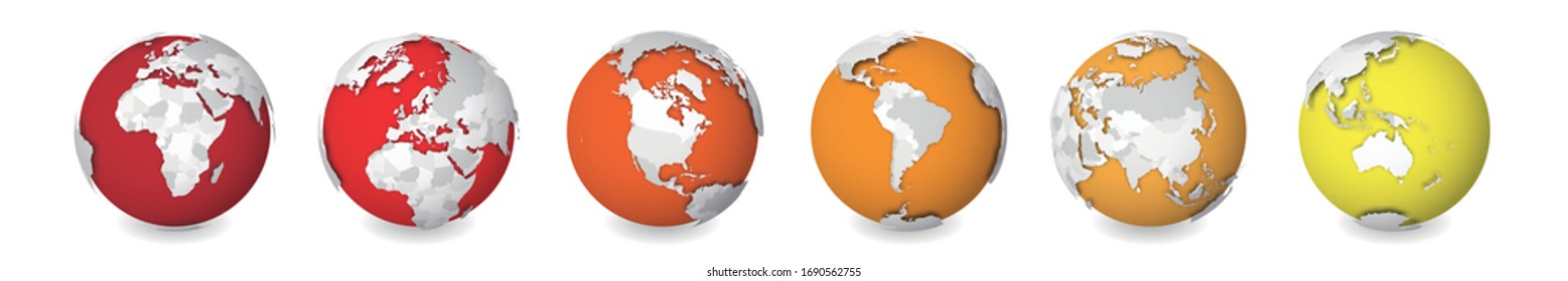 Conjunto de seis globos terrestres centrados en los continentes África, Europa, América del Norte, América del Sur, Asia y Australia.
