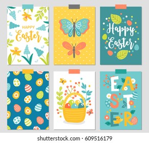 Set of six Easter cards with butterfly, narcissus, leaves, basket, flowers. Perfect for holiday greetings, prints, placards