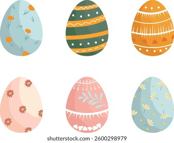 Set of six Easter eggs in cute doodle style. Collection of colorful holiday elements. Spring collection in bright colours