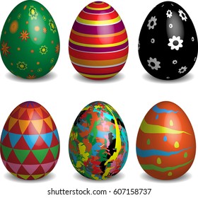 A set of six easter eggs icons in different colorful designs.