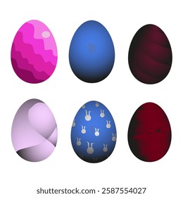 Set of six Easter eggs. Easter set of pink, dark blue, burgundy, light purple, dark red colors