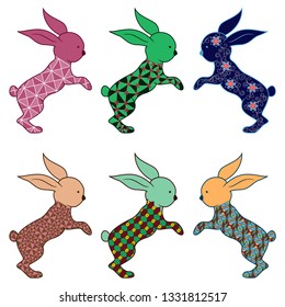 Set of six Easter rabbits decorated with ornamental pattern isolated on the white background, vector illustration