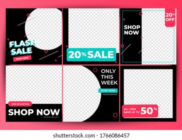 A set of six editable square templates for social media posts in pastel pink, blue, space and black. Fashion and lifestyle blog templates, web banners, brochure designs with placeholder for photos.