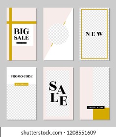 A set of six editable vertical templates for social media posts in pink, white, gold and black. Fashion and lifestyle blog templates, web banners, brochure designs with placeholder for photos.