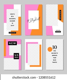 A set of six editable vertical templates for social media posts in pink, white, orange and black. Fashion and lifestyle blog templates, web banners, brochure designs with placeholder for photos.