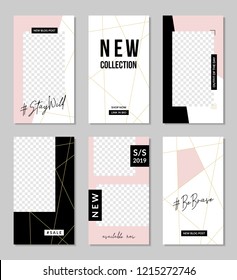 A set of six editable vertical templates for social media posts in pastel pink, white, gold and black. Fashion and lifestyle blog templates, web banners, brochure designs with placeholder for photos.