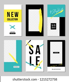 A set of six editable vertical templates for social media posts in neon yellow, white, aqua blue and black. Fashion and lifestyle blog templates, web banners, brochure designs with place for photos.