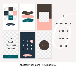 A set of six editable vertical templates for social media stories posts in pastel pink, white, green, brown and blue. Fashion and lifestyle blog templates, web banners with placeholder for photos.